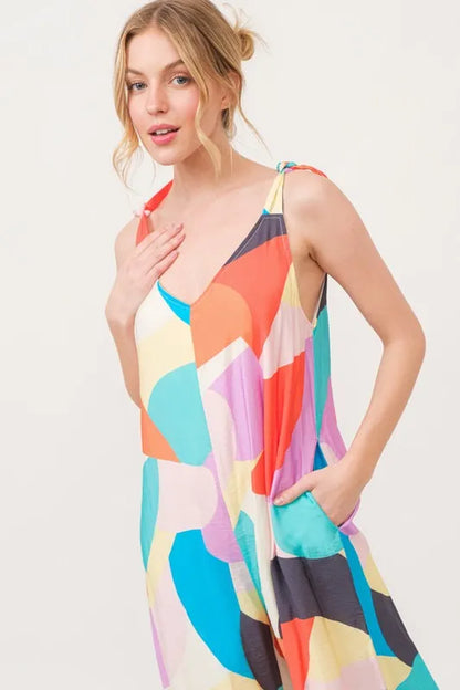 And The Why Tied Shoulder Straps Wide-Leg Geo Print Jumpsuit