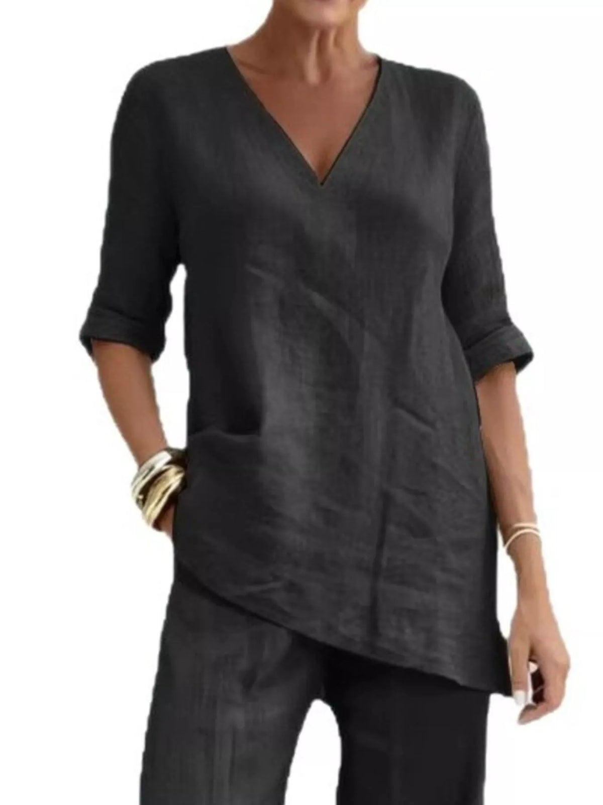 Full Size V-Neck Half Sleeve Top and Pants Set Plus Size