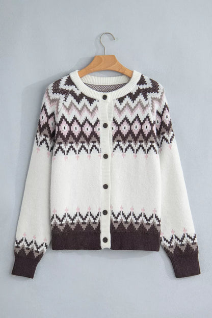 Geometric Pattern Brushed Knit Button Cardigan
