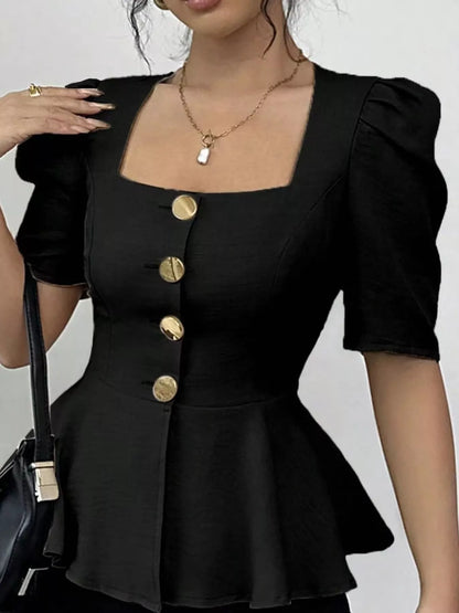 Square Neck Puff Sleeve Peplum Blouse