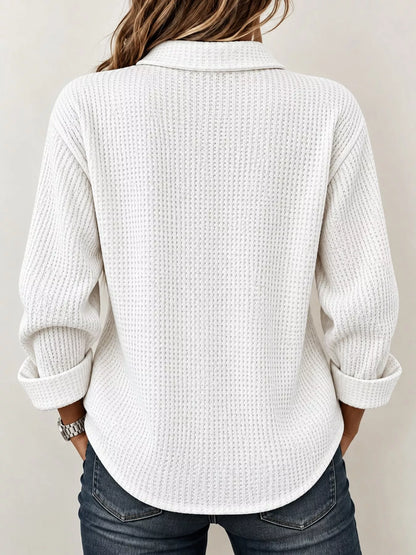 Full Size Waffle Knit Long Sleeve Polo Top Plus Size