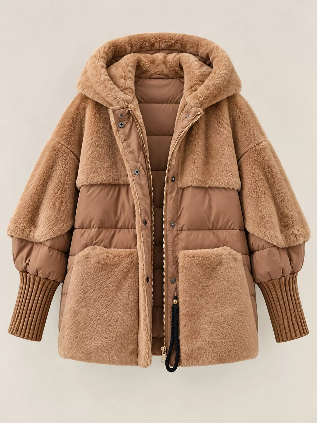 Full Size Faux Fur Hooded Puffer Outerwear Plus Size