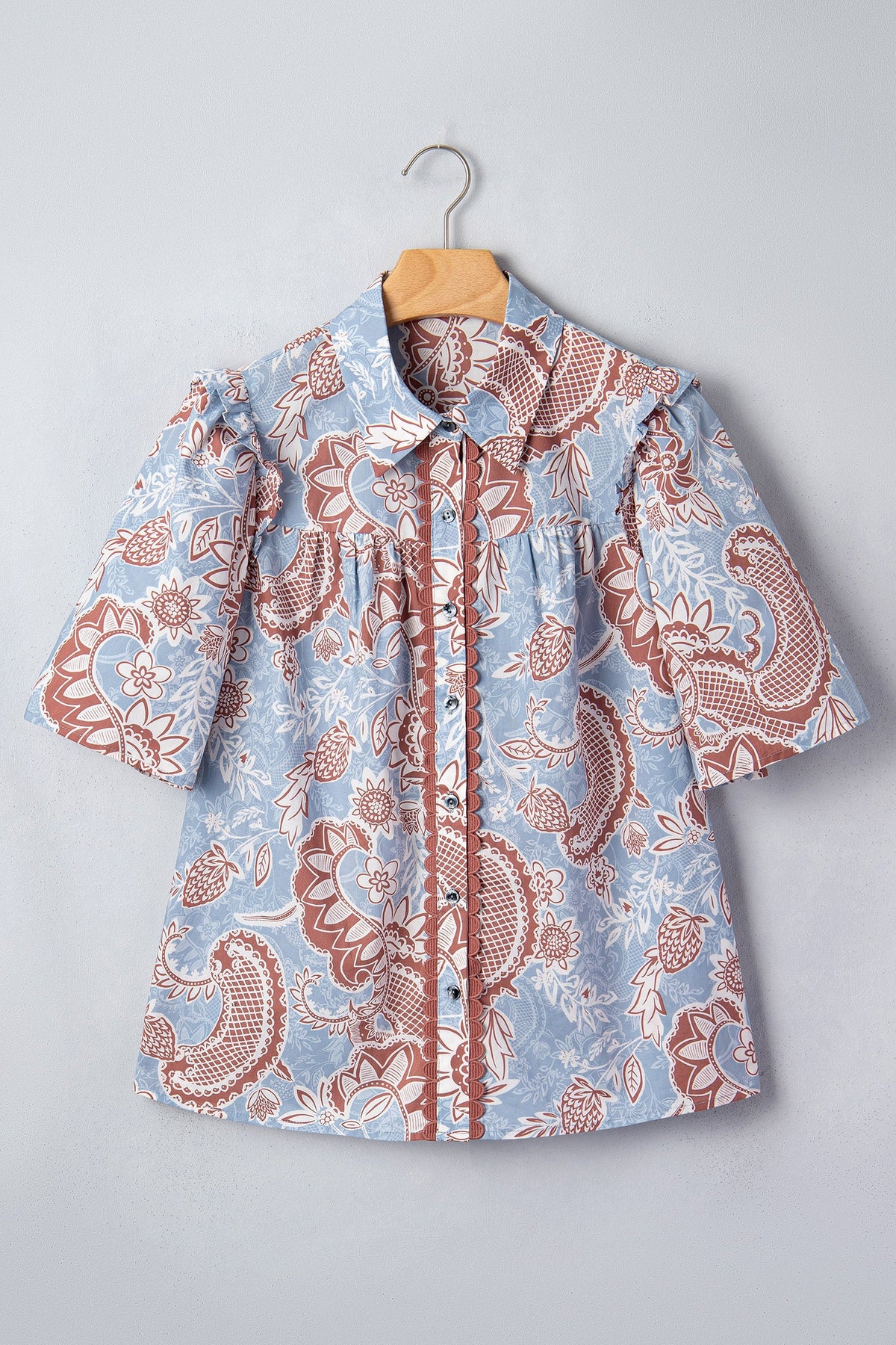 Sky Blue Boho Floral Print Scalloped Trim Button Down Short Sleeve Shirt