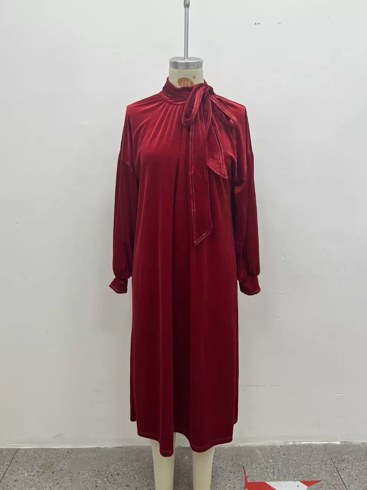 Full Size Velvet Tie-Neck Lantern Sleeve Midi Dress Plus Size