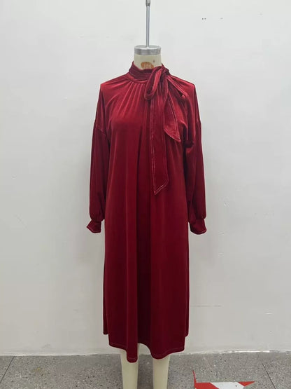 Full Size Velvet Tie-Neck Lantern Sleeve Midi Dress Plus Size