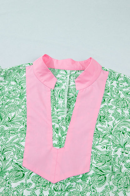 Green Plus Size Contrast Trim Flutter Sleeve Floral Kaftan Maxi Dress