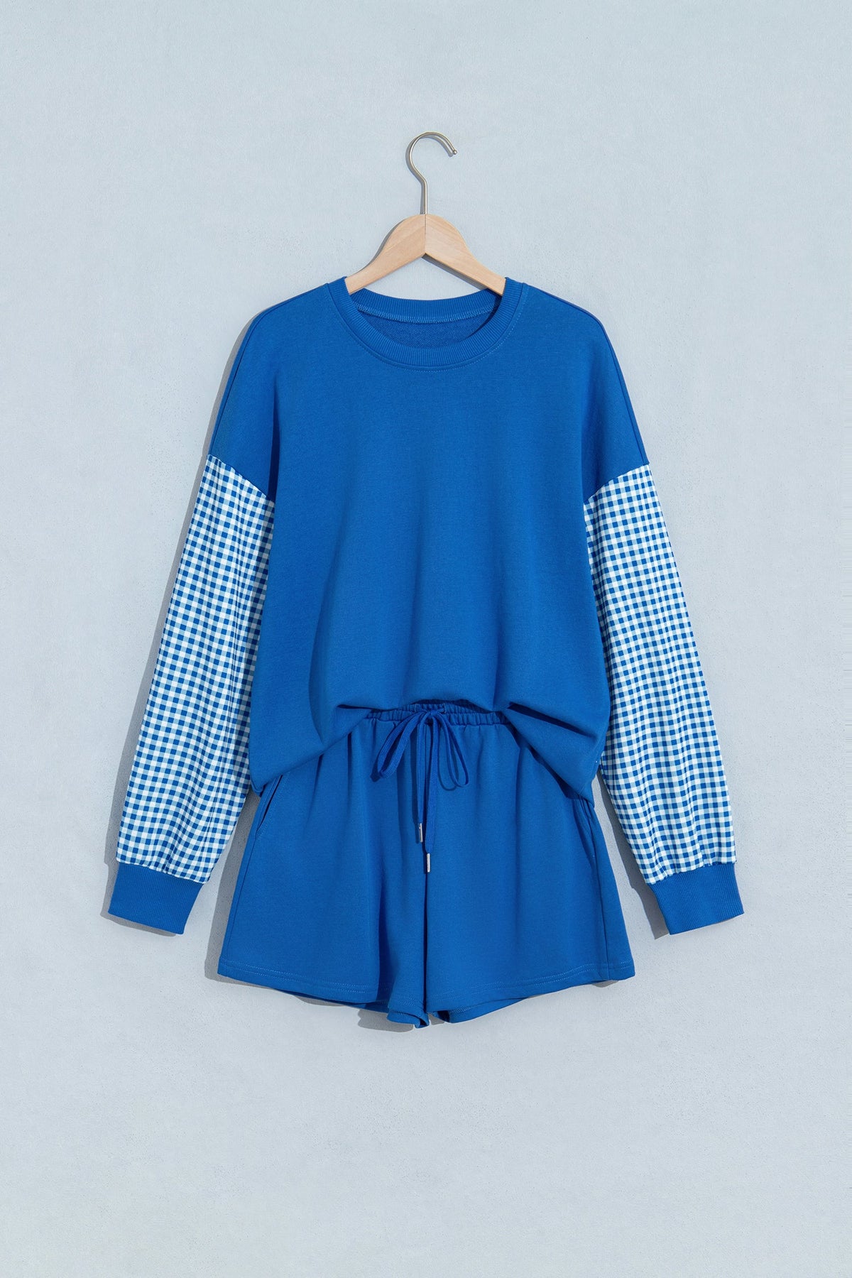 Blue Plaid Patchwork Long Sleeve Top Solid Drawstring Shorts Set
