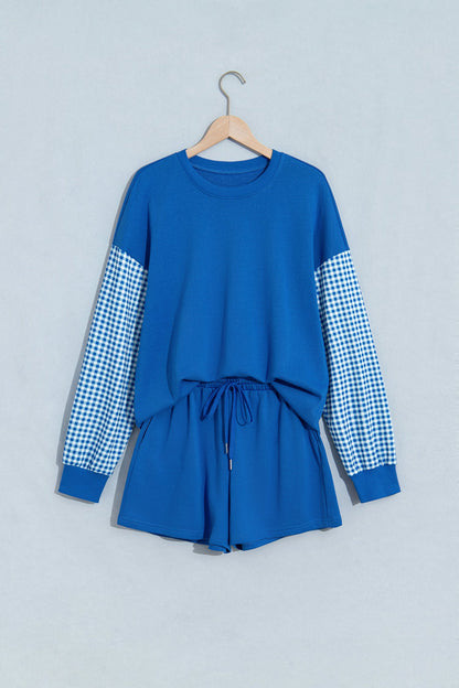 Blue Plaid Patchwork Long Sleeve Top Solid Drawstring Shorts Set
