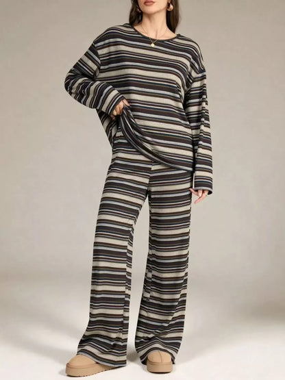 Striped Long-Sleeve Top and Wide-Leg Pants Set