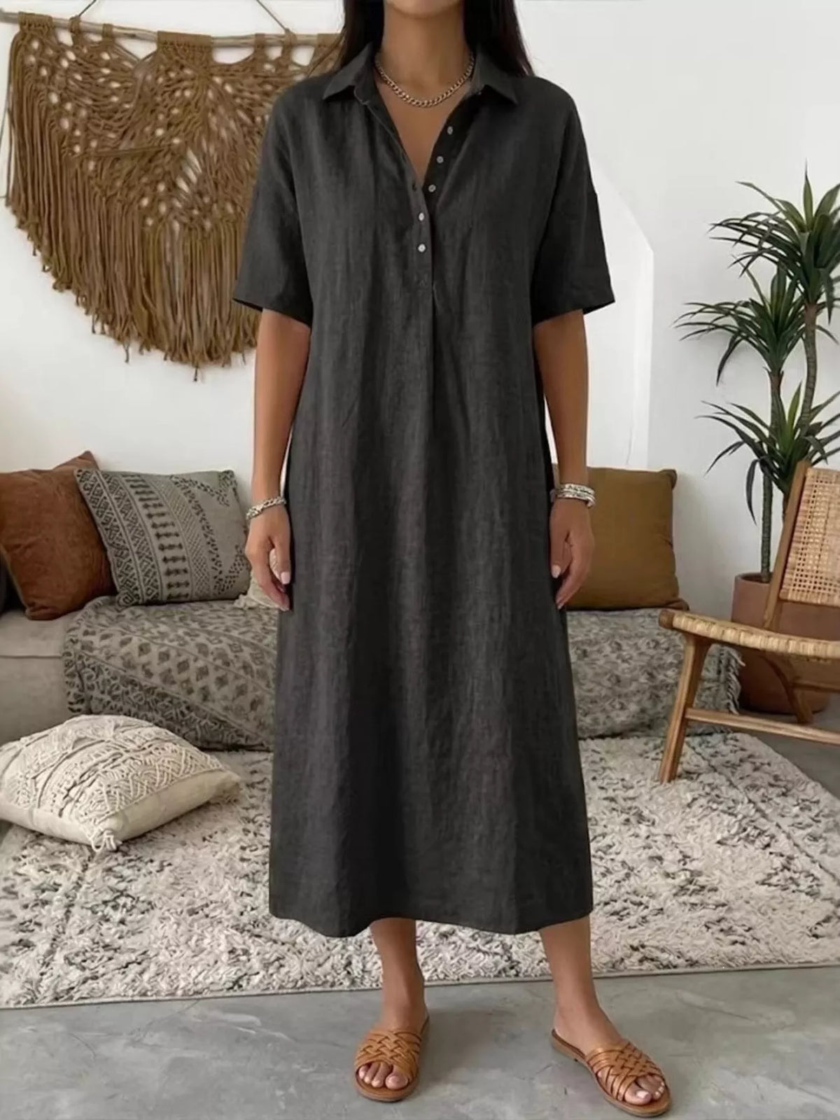 Full Size Button Detail Short Sleeve Midi Shirt Dress Plus Size