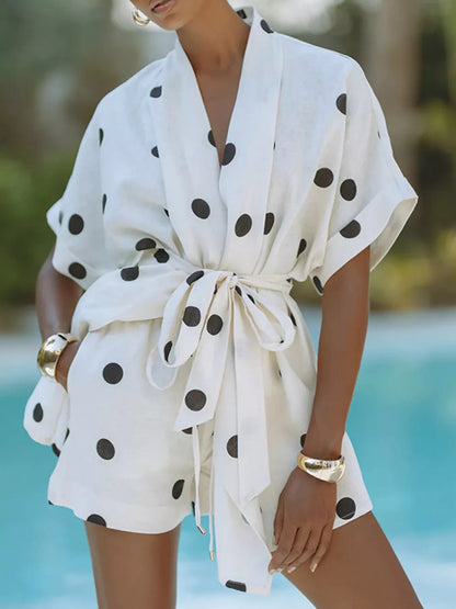 Polka Dot Tie Waist Top and Shorts Set
