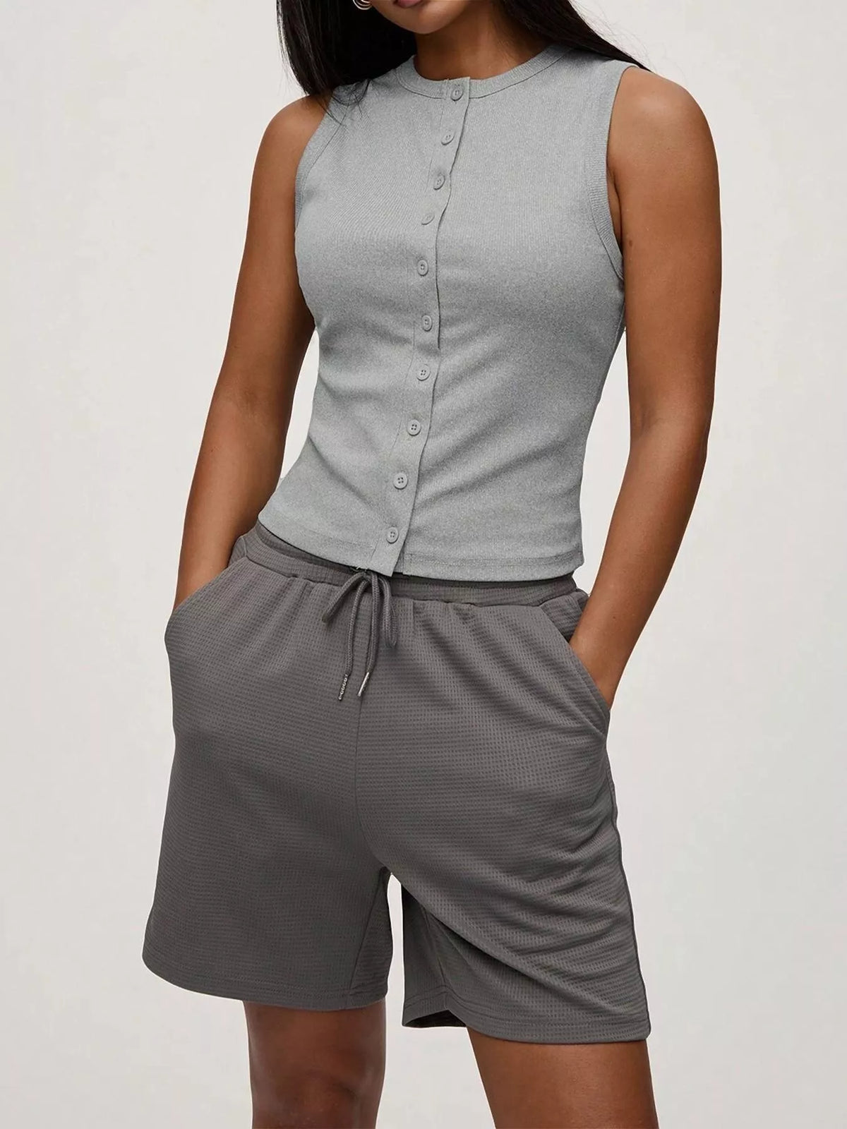 Ribbed Button-Front Sleeveless Tank