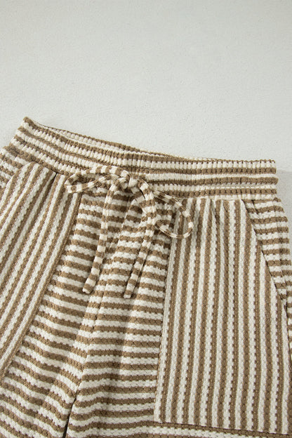 Brown Stripe Breathable Textured Knit Short 2pcs Set