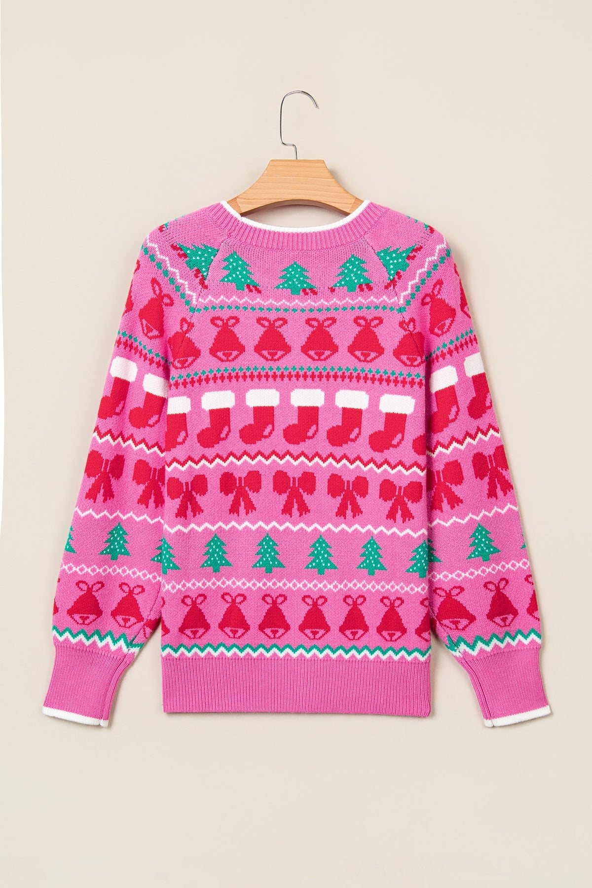 Pink Christmas Holiday Graphic Round Neck Knit Sweater