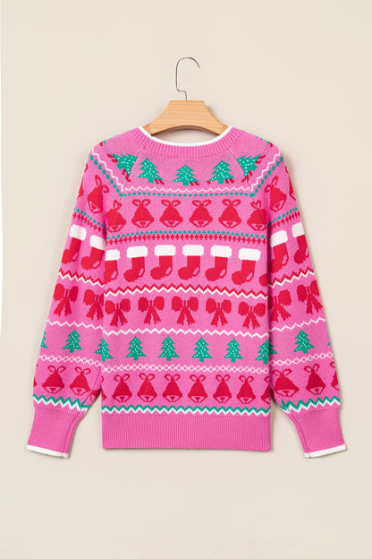 Pink Christmas Holiday Graphic Round Neck Knit Sweater