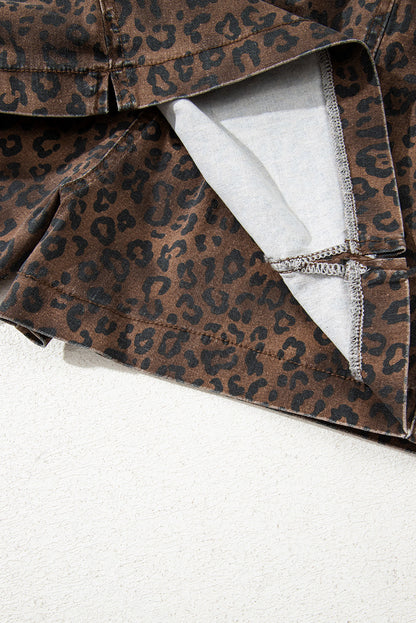 Brown Leopard Print Elastic Waist Drawstring Denim Skort