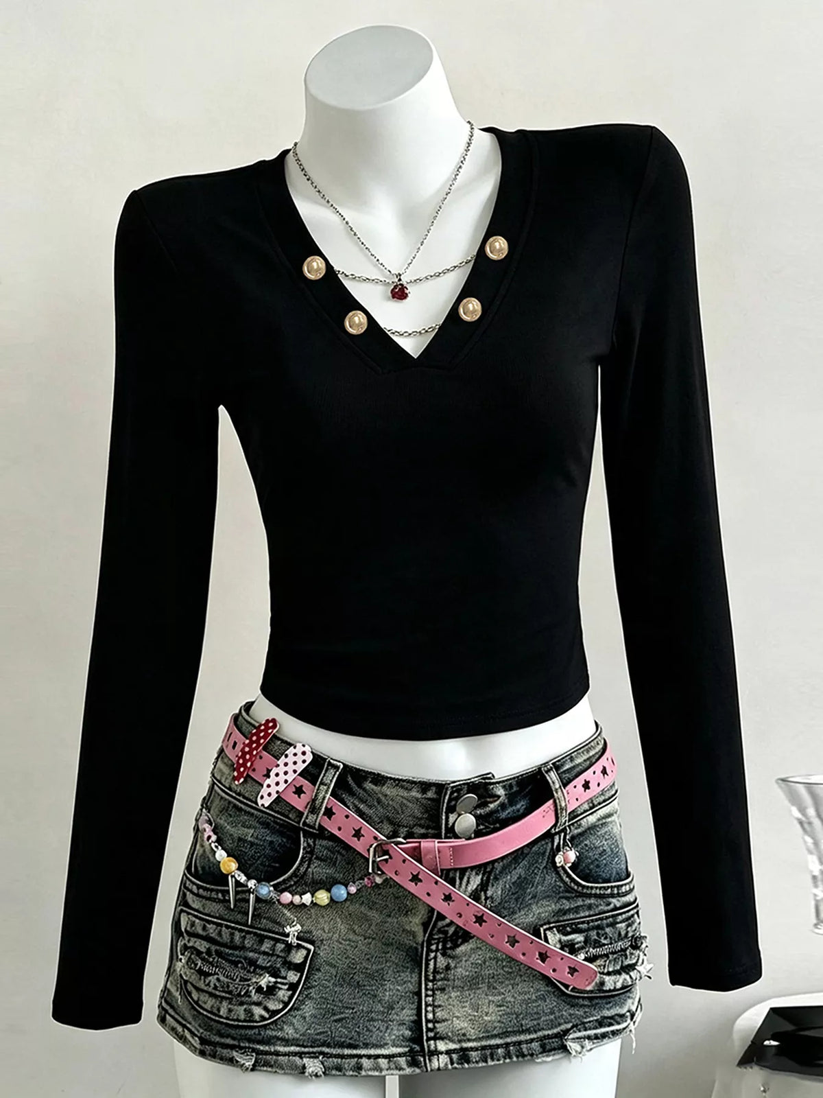 Decorative Pearl Buttons V-Neck Long Sleeve T-Shirt