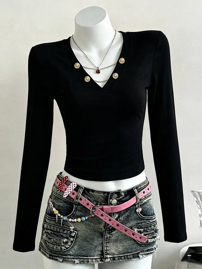 Decorative Pearl Buttons V-Neck Long Sleeve T-Shirt
