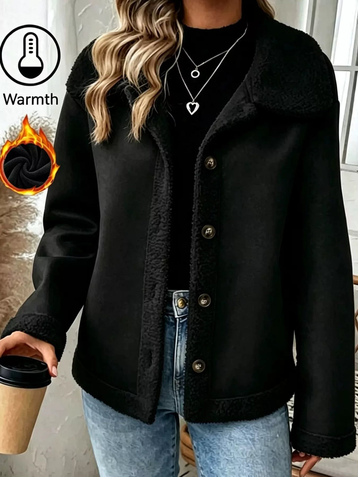 Full Size Cozy Faux Suede Sherpa-Lined Button-Down Jacket Plus Size