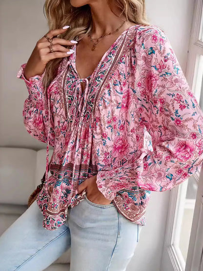 Floral Print Tie-Neck Blouse with Smocked Cuffs