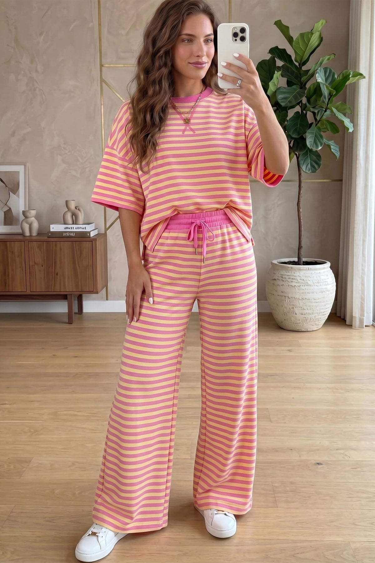 Pink Stripe Colorblock Trim Crew Neck Loose Tee Drawstring Elastic Waist 2pcs Pant Set