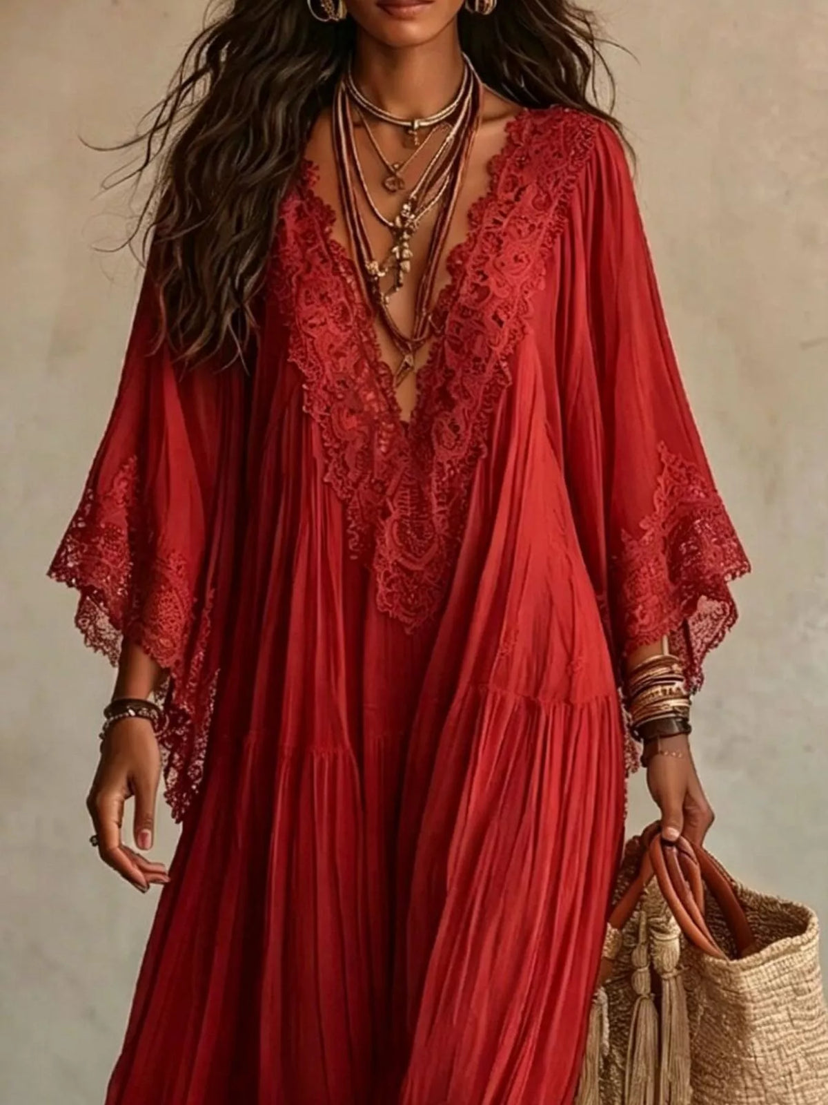 Lace Trim V-Neck Maxi Dress | Feminine Boutique Style