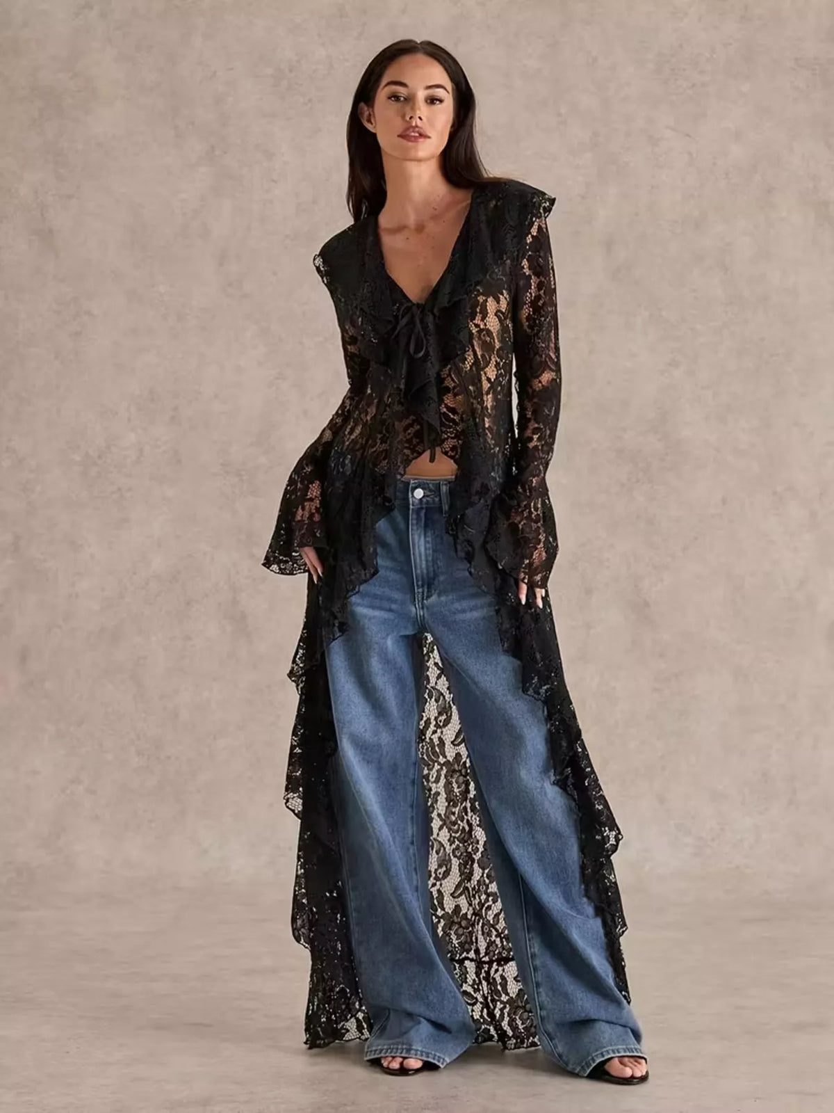 Lace Ruffle Trim High-Low Blouse