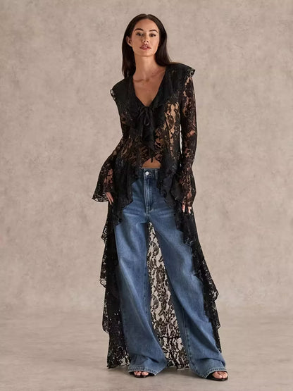 Lace Ruffle Trim High-Low Blouse