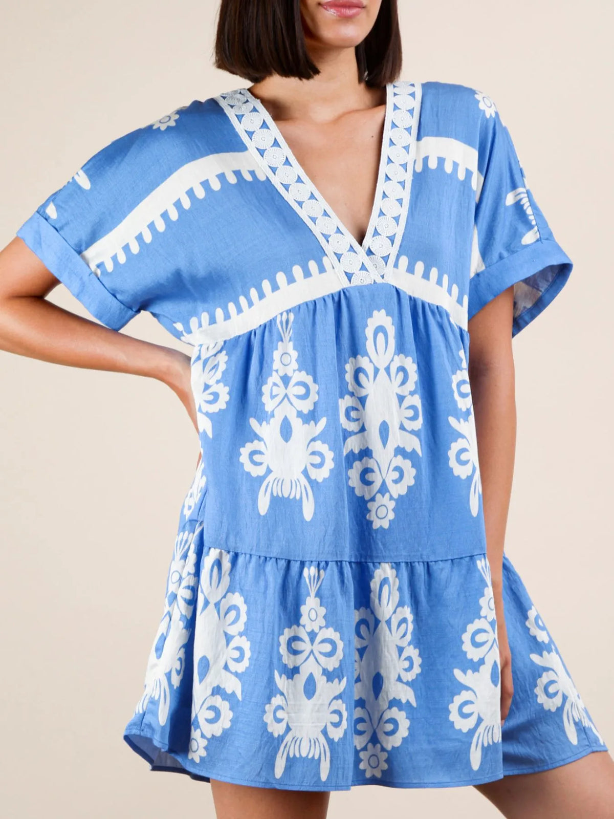 Printed V-Neck Short Sleeve Mini Dress