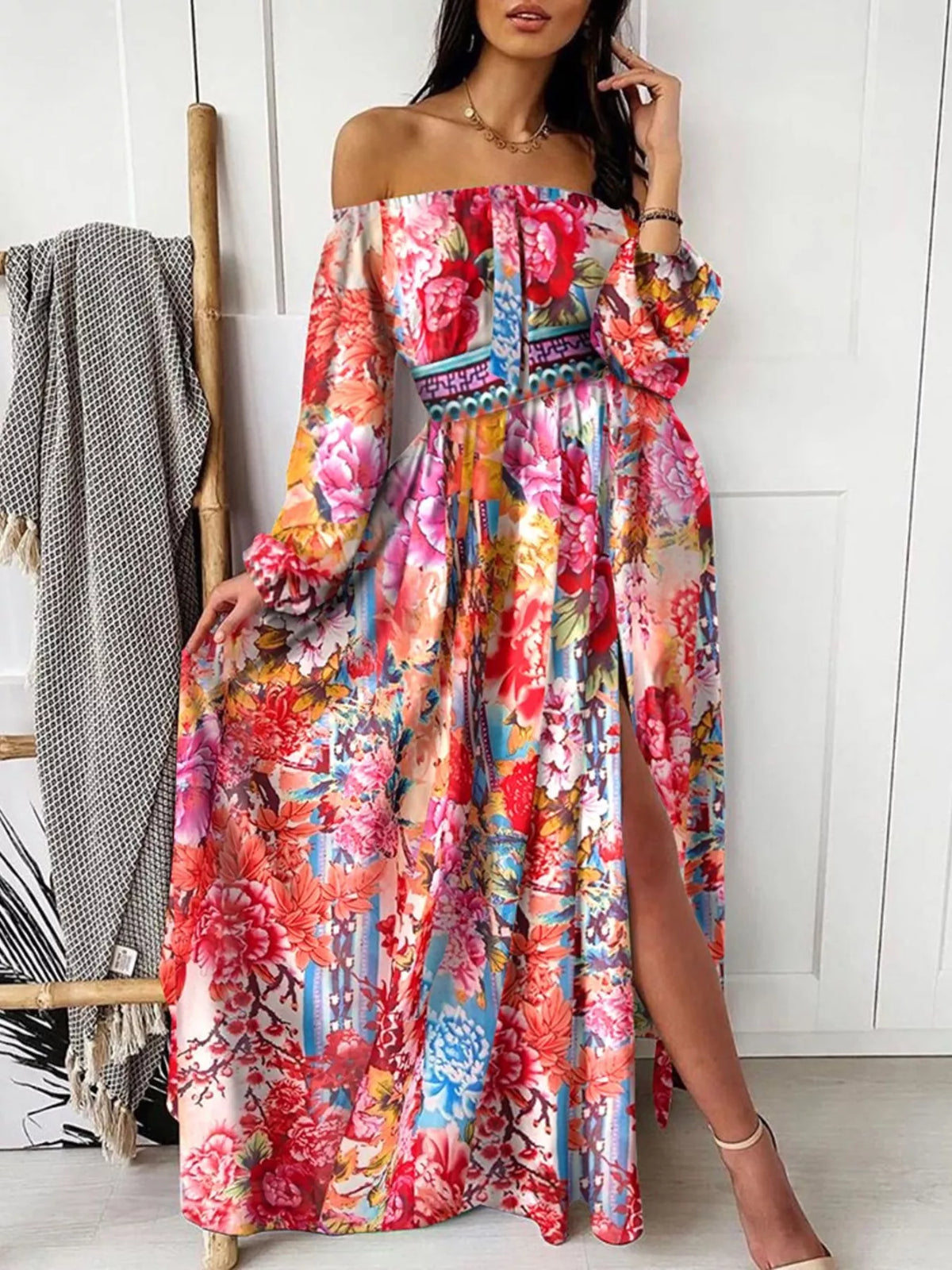 Slit Printed Off Shoulder Maxi Dress
