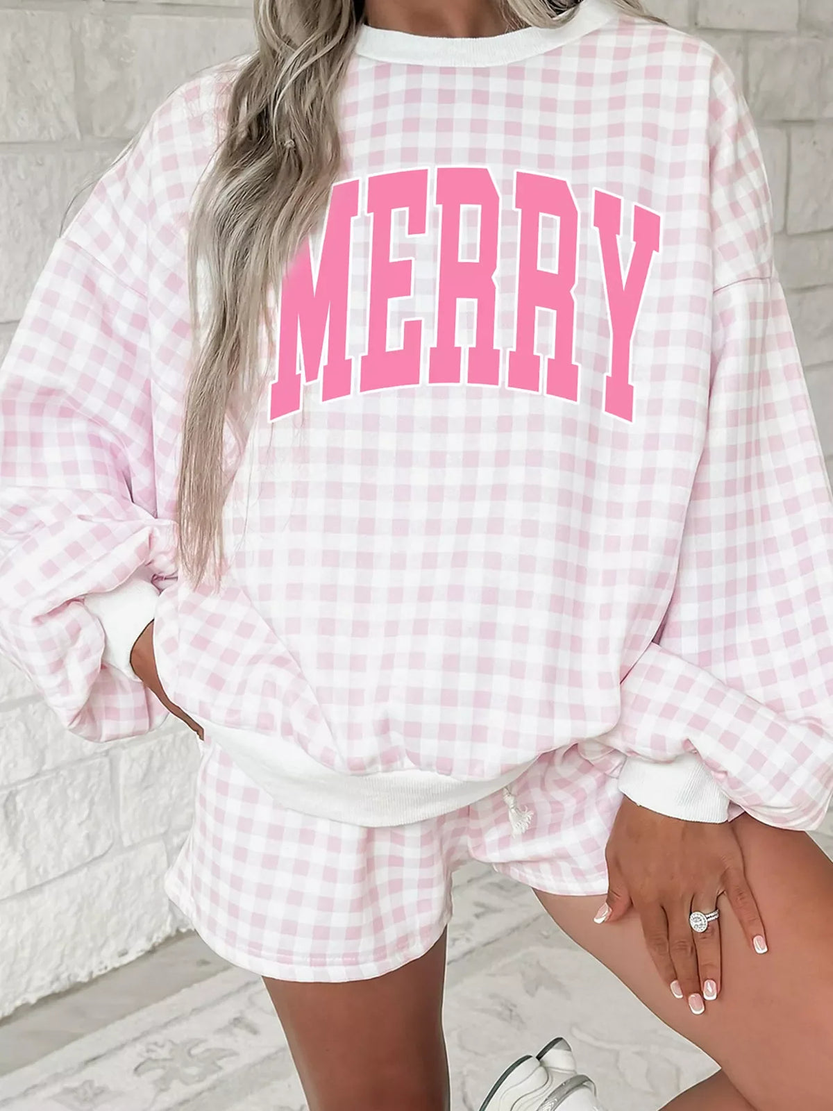 Plaid MERRY Lettering Long Sleeve Top Casual Shorts Set