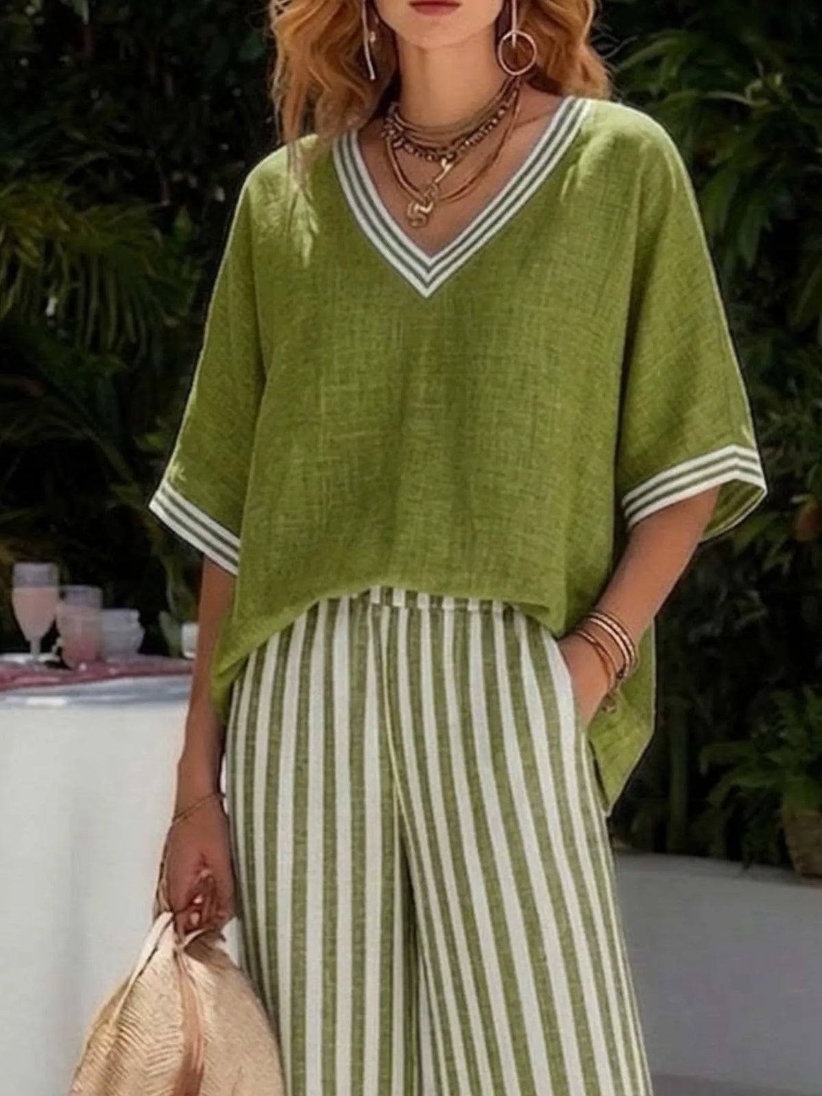 Striped Two-Piece Pants Set with V-Neck Top | S–3XL