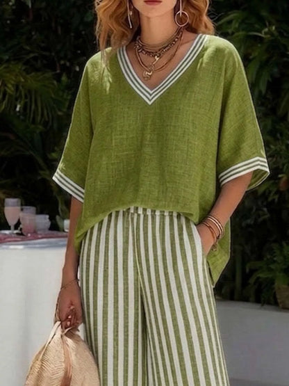 Striped Two-Piece Pants Set with V-Neck Top | S–3XL
