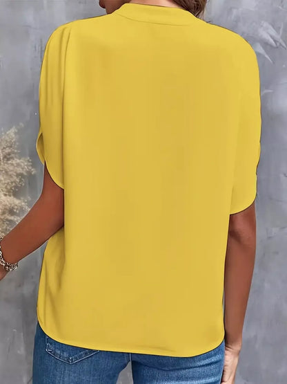 Notched Slit Short Sleeve Blouse