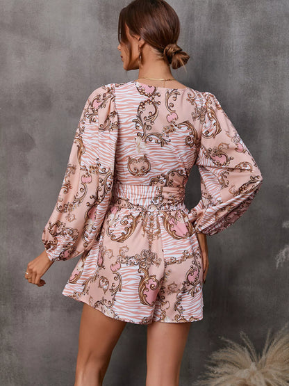 Cutout Front Printed Long Sleeve Romper