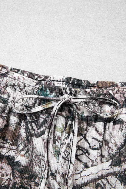 Camo Long Sleeve Top Elastic Waist Shorts Two Piece Set