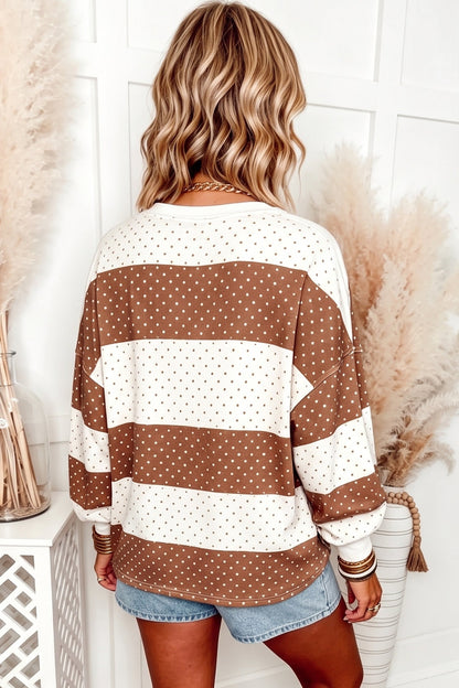 Blue Polka Dot Patchwork Colorblock Long Sleeve Top