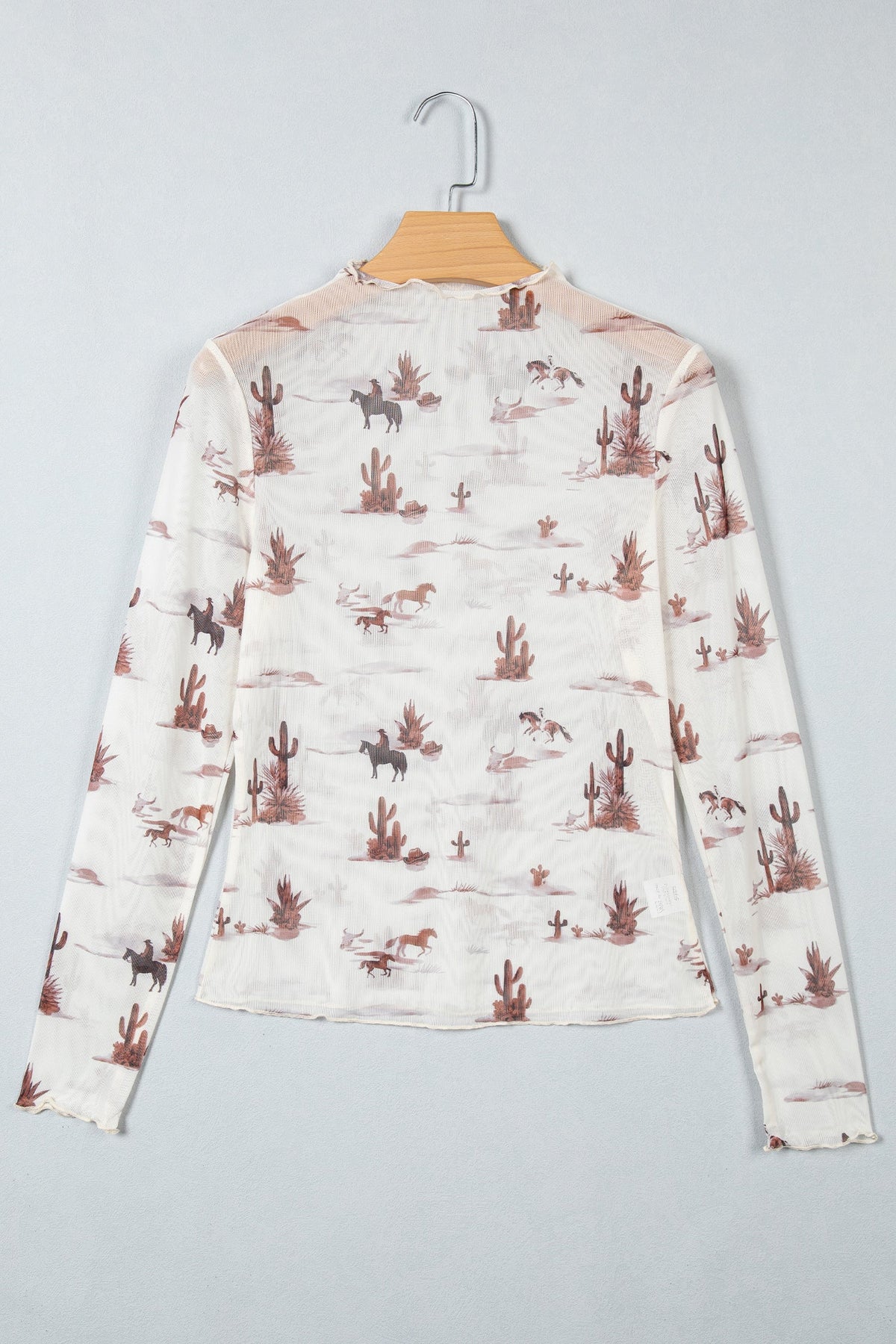 Beige Floral Print Slim Fit Mesh Long Sleeve Mock Neck Top