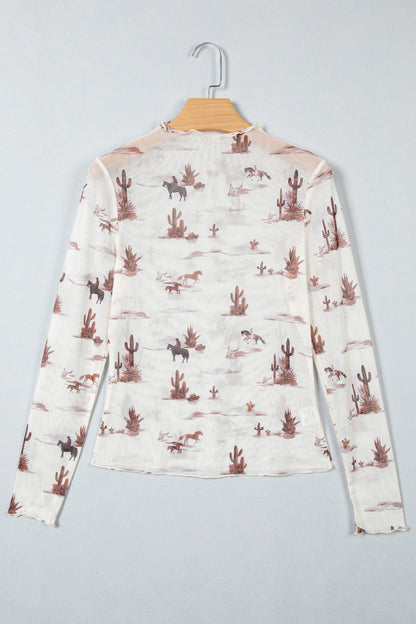 Beige Floral Print Slim Fit Mesh Long Sleeve Mock Neck Top