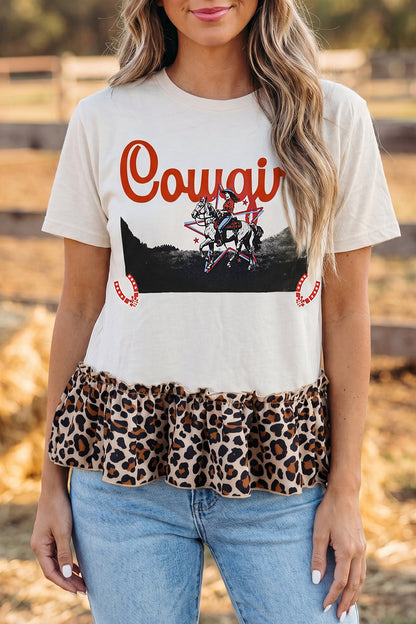 White Retro Cowgirl Print Leopard Ruffle Hem Patchwork T Shirt