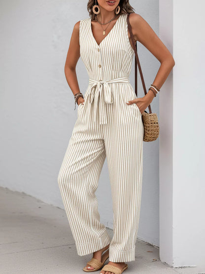 Striped Button-Front Wide Leg Jumpsuit