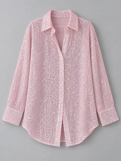 Full Size Sequin Button-Down Shirt Plus Size