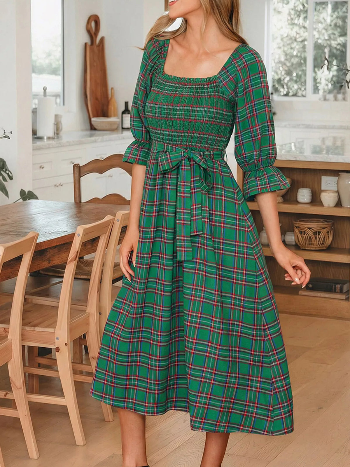 Plaid Square Neck Puff Sleeve Knot Waist Flared Midi Dress
