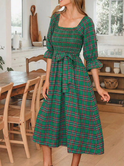 Plaid Square Neck Puff Sleeve Knot Waist Flared Midi Dress
