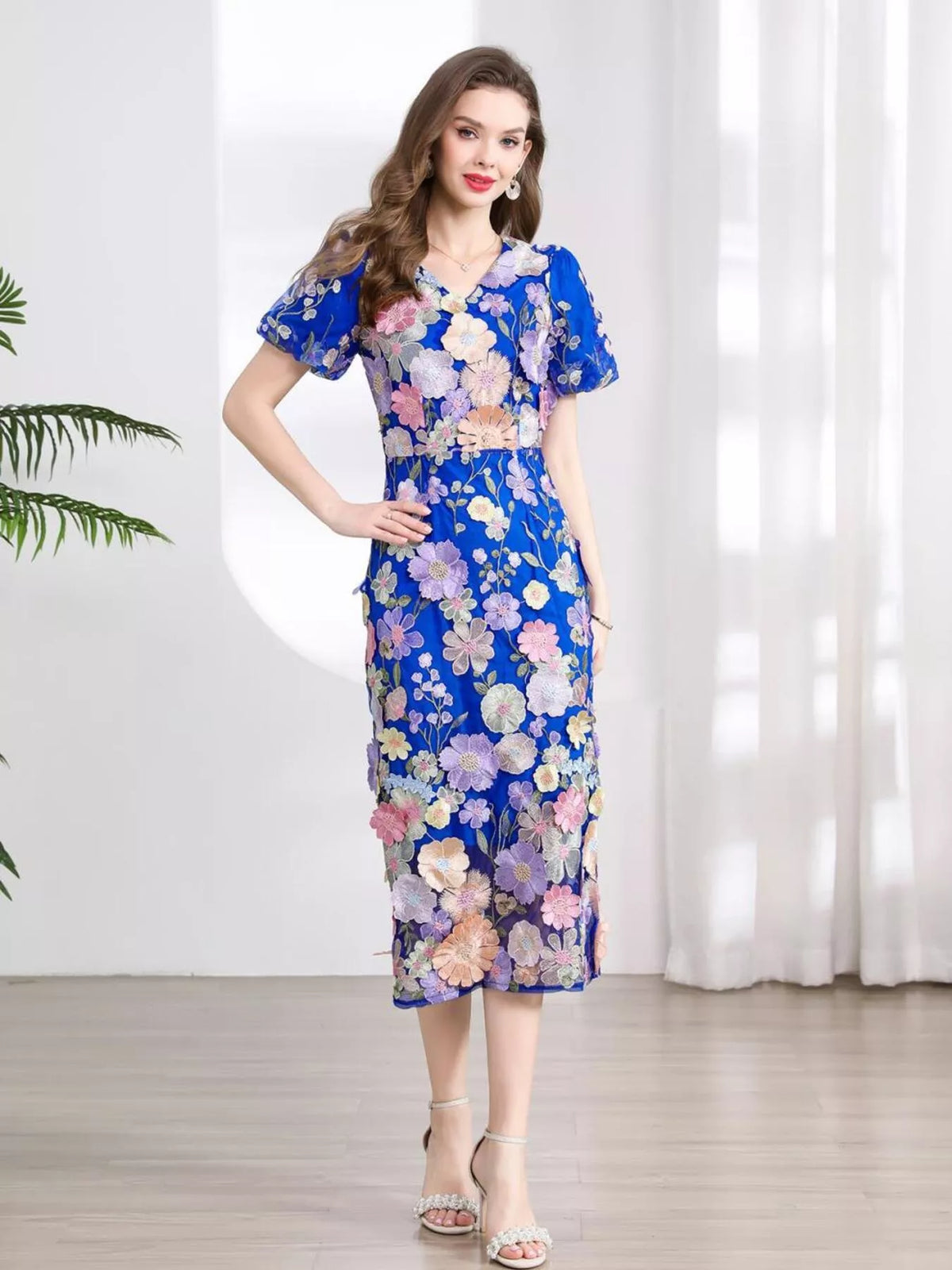 Floral Embroidered Puff Sleeve Midi Dress