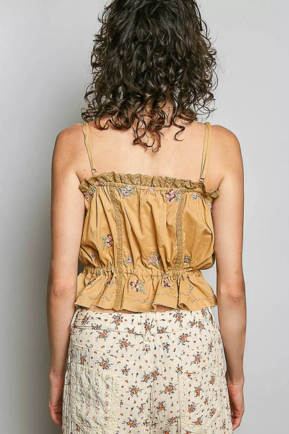 POL Button Down Floral Embroidered Cropped Cami with Lace Detail