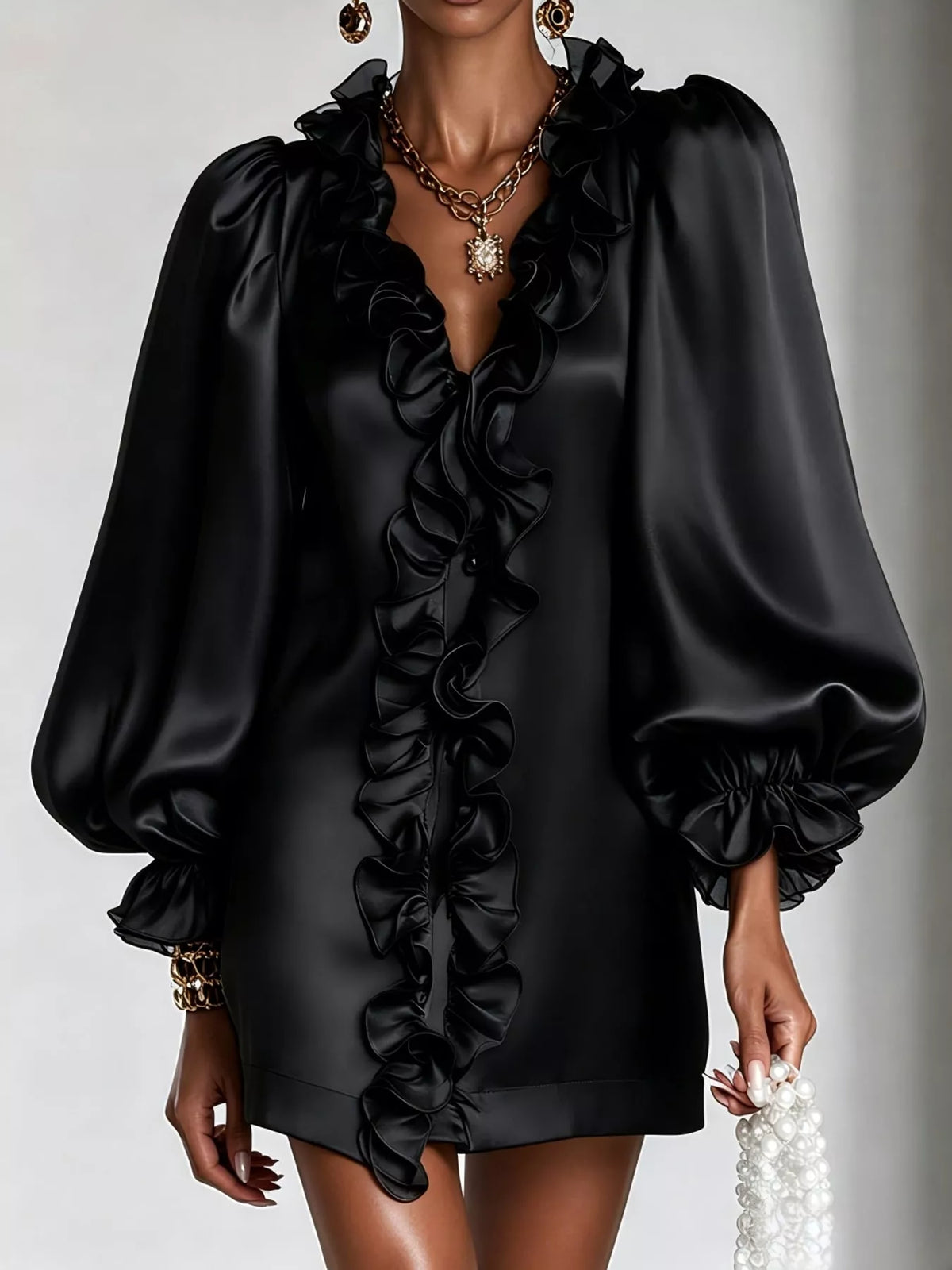 Ruffle Trim Puff Sleeve Mini Dress