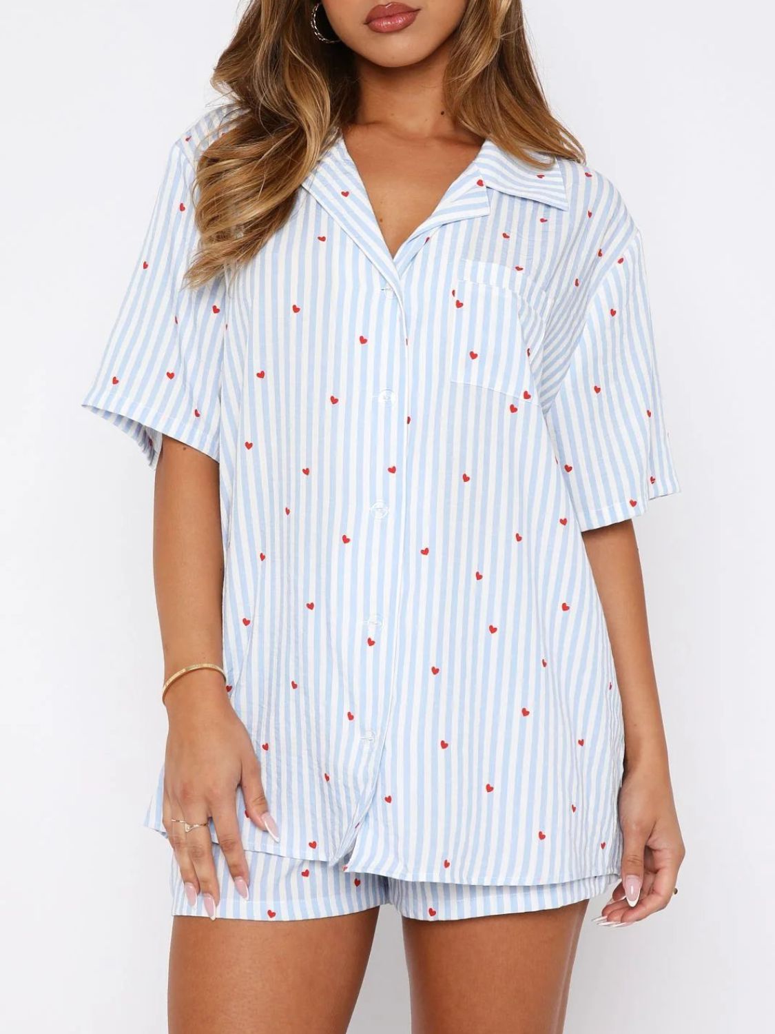 Valentine's Day Printed Collared Neck Short Sleeve Top And Shorts Set
