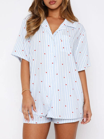 Valentine's Day Printed Collared Neck Short Sleeve Top And Shorts Set