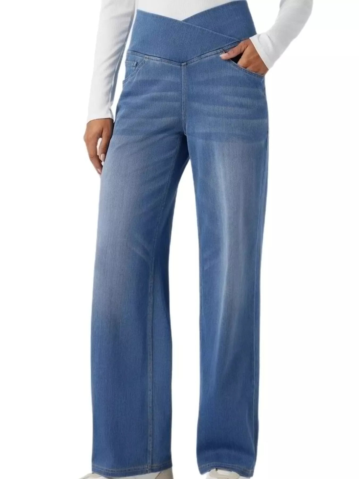 High Waisted Stretch Jeans with Crossover Waist | Straight Leg